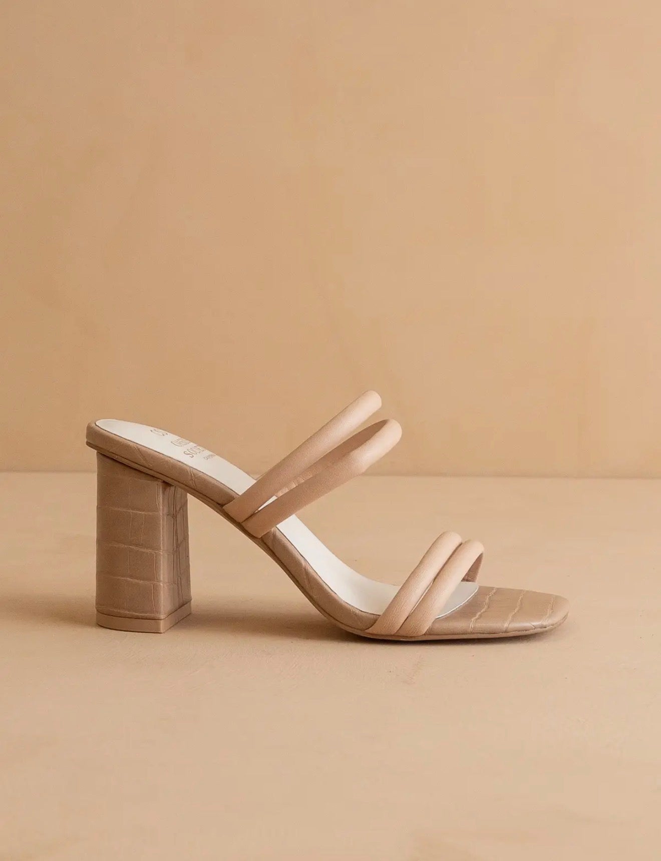 The Angela Nude Strappy Alligator Block Heels