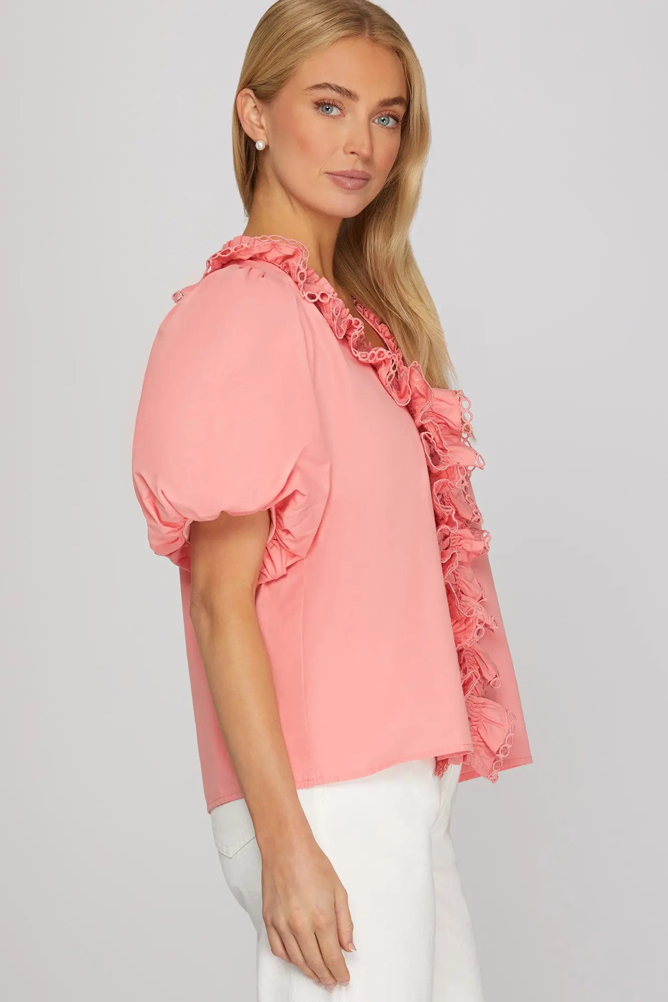 Smocked lace Ruffle Hem Blouse- Bubblegum