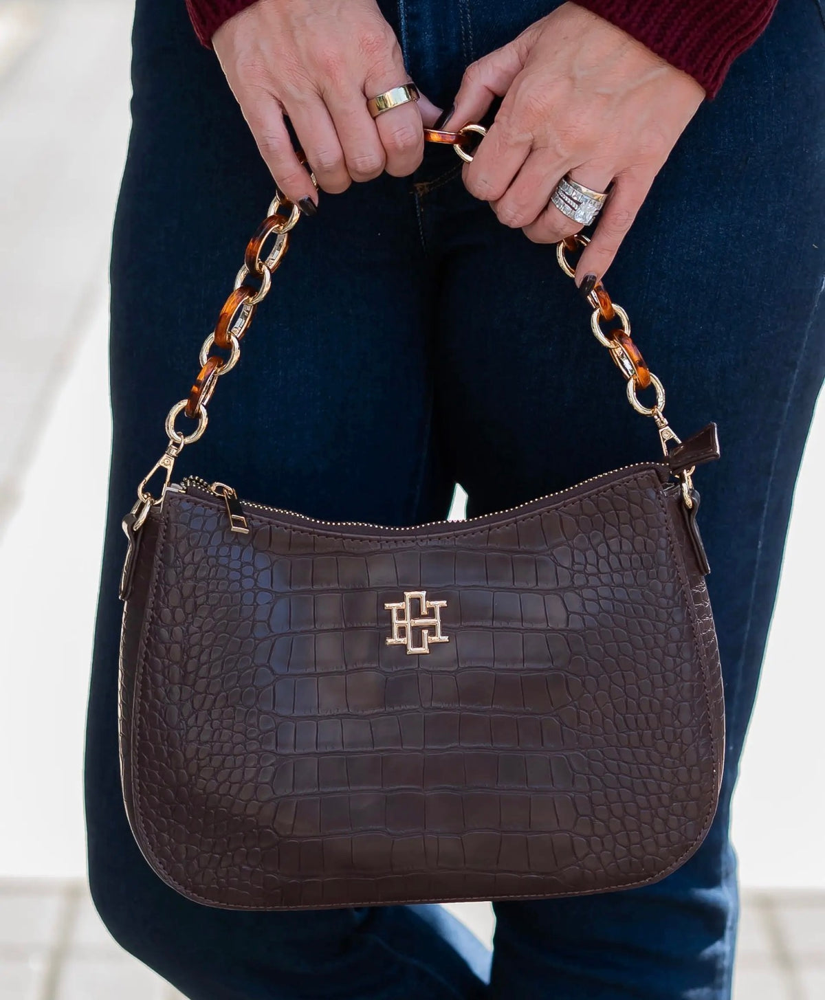 Charlee Chocolate Croc-Embossed Vegan Leather Crossbody~Caroline Hill