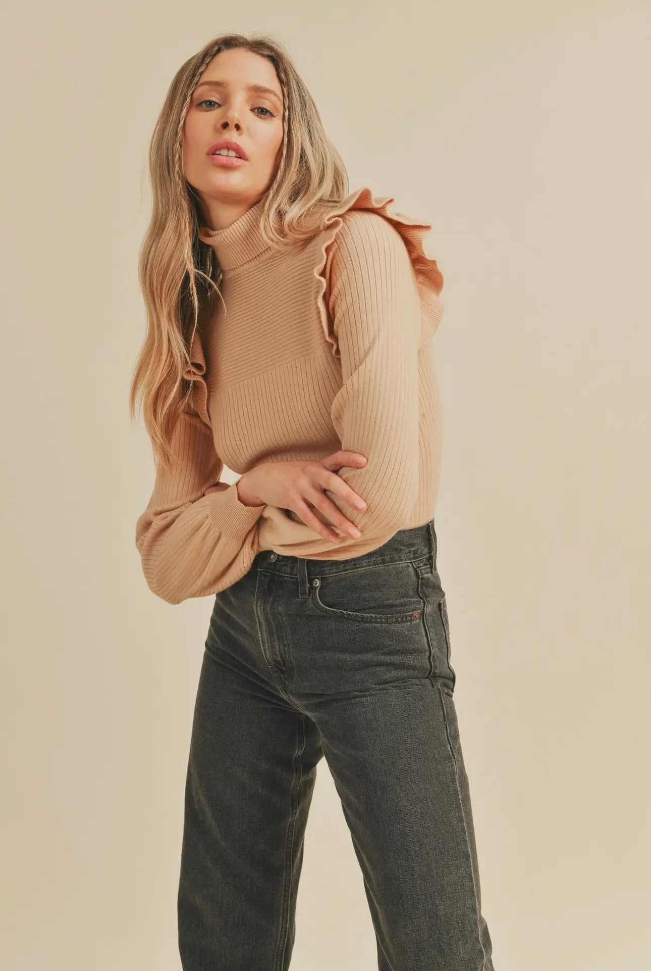 Shoulder Ruffle Turtleneck Sweater-Sand