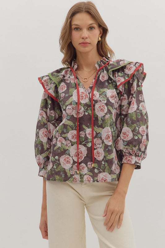 Brown Floral Ruffle Blouse