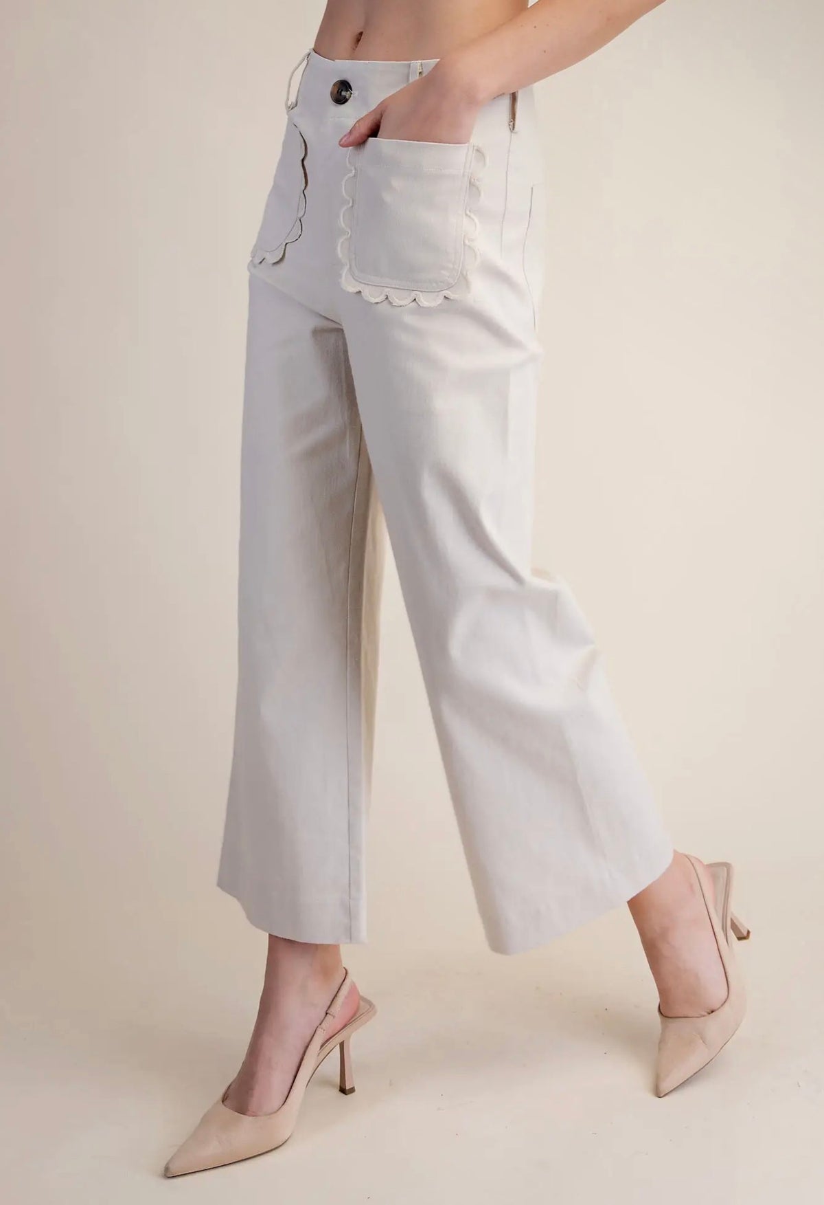 Wide~Leg Scalloped Pocket Detail Pants~ Cream