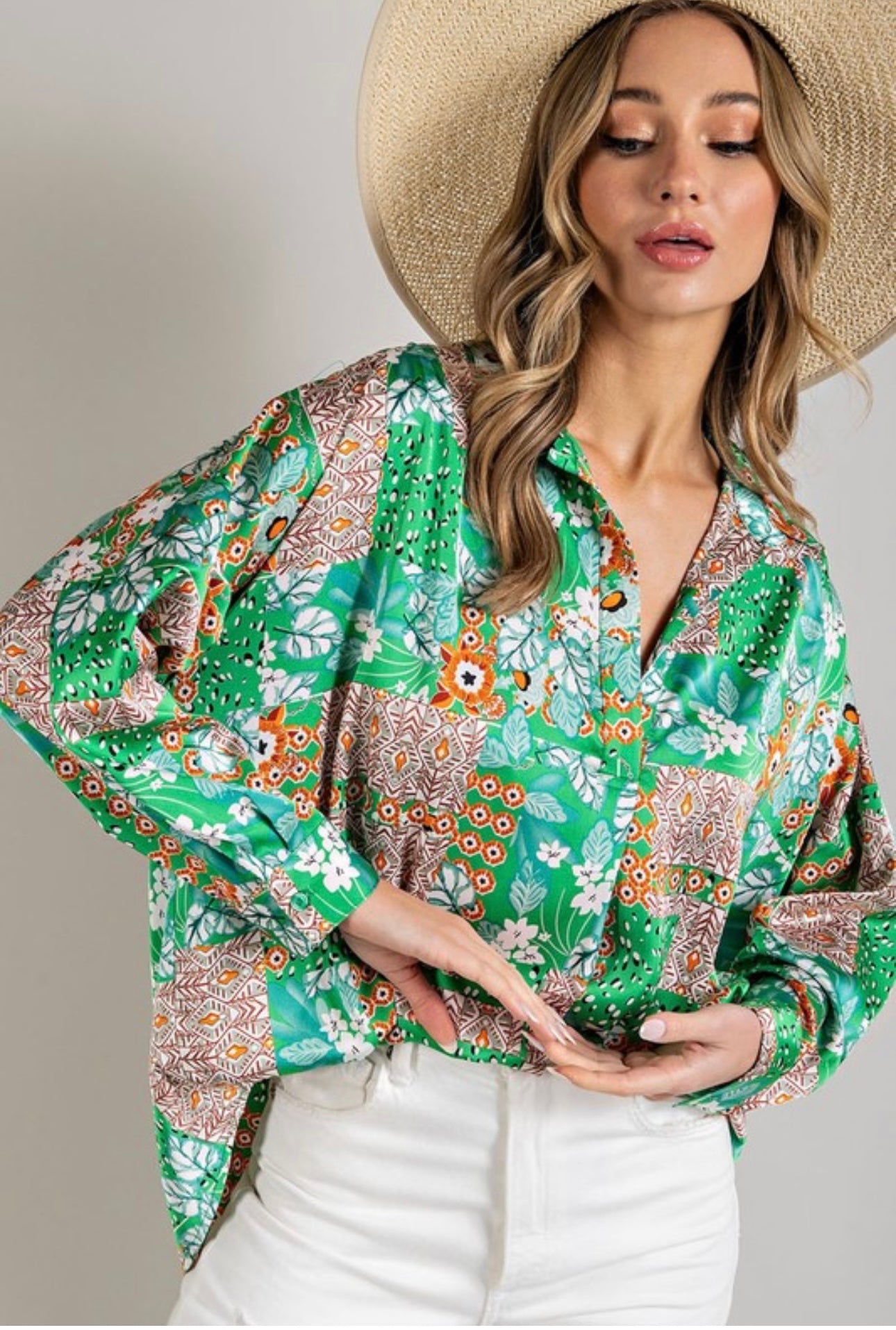 Kelly Green Mixed Print Silk Long Sleeve