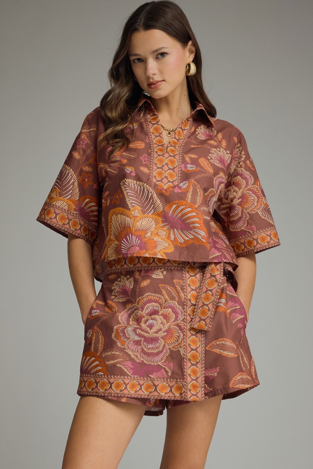 Italy is Calling Terracotta Floral Blouse & Wrap Skort Set