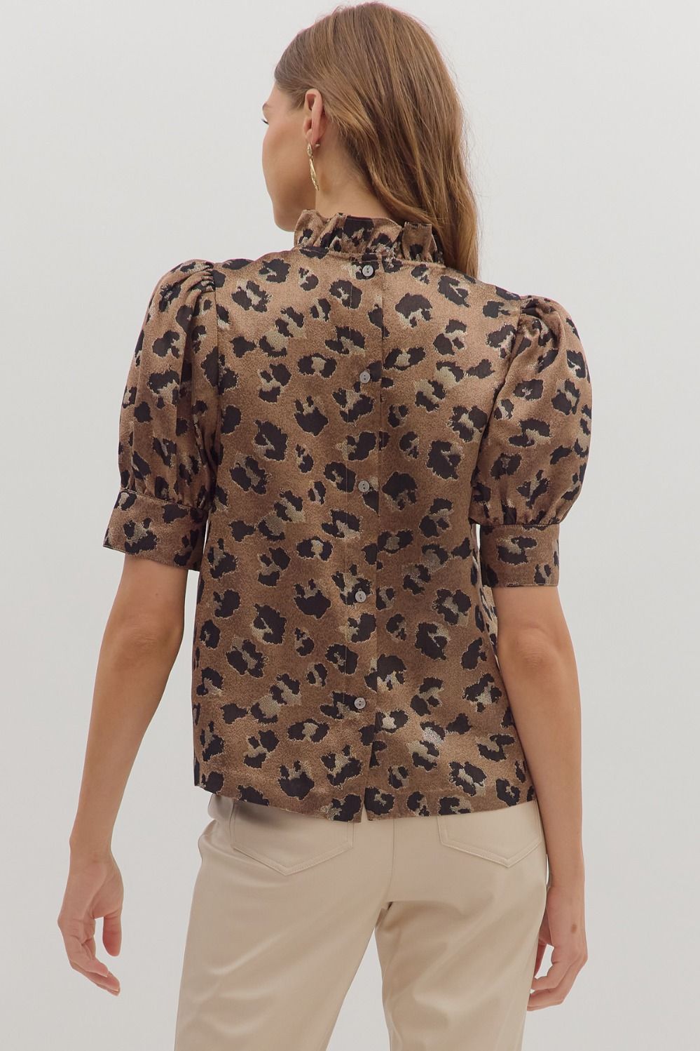 Leopard Metallic Puff Sleeve Blouse- Bronze