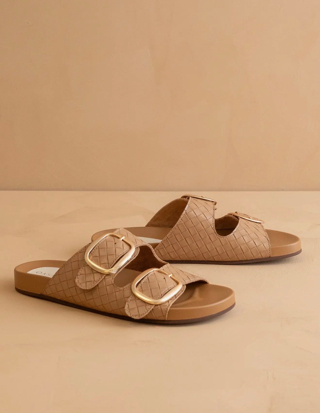 Desiree Almond Woven Slides With Oversized Gold Buckles