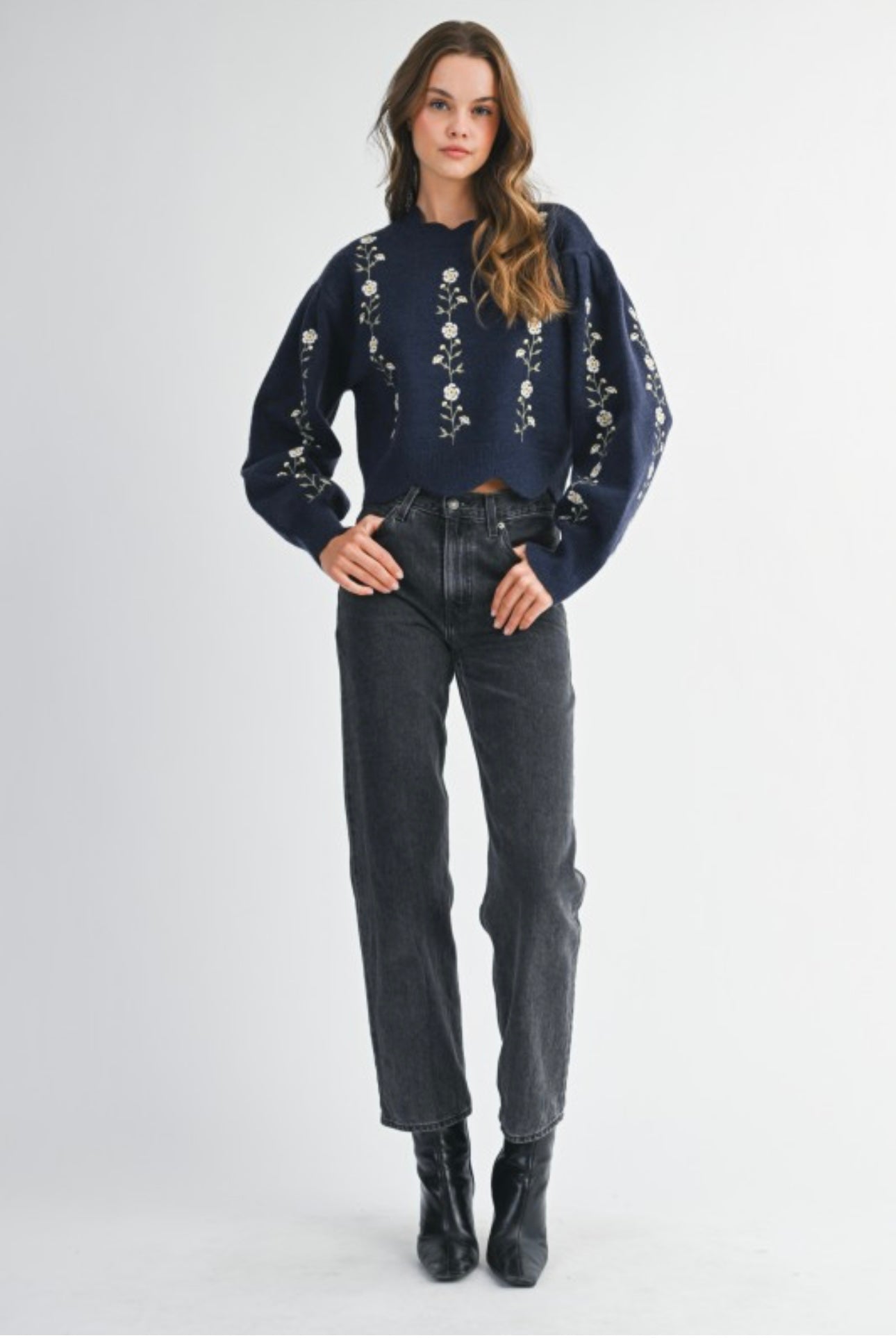 Southern Charm Embroidered Knit Sweater Navy