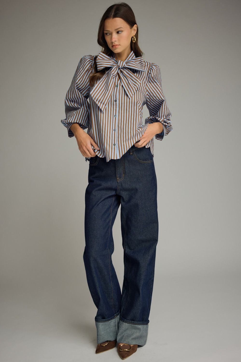 Uptown Allure Striped Blue & Brown Bow Blouse