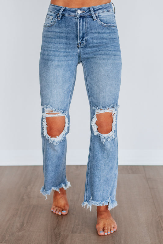 Risen High Rise Straight Cropped Jeans~ Medium Wash