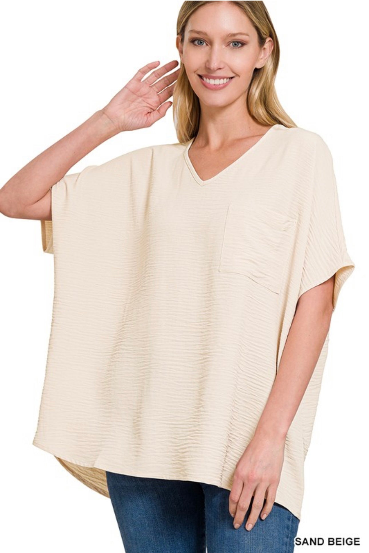 Woven V Neck Top-Sand Beige