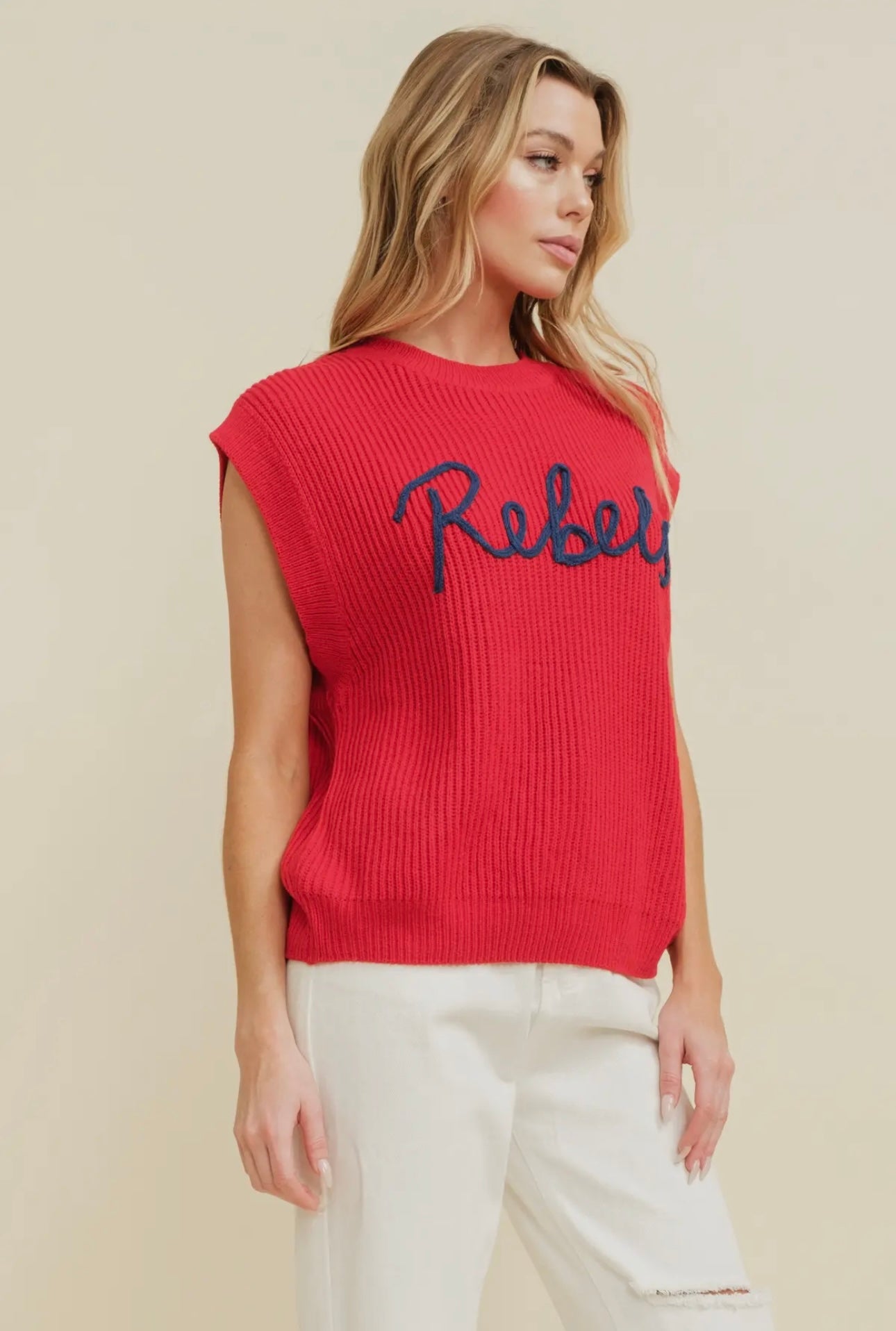 Rebels Embroidered Sleeveless Sweater Top