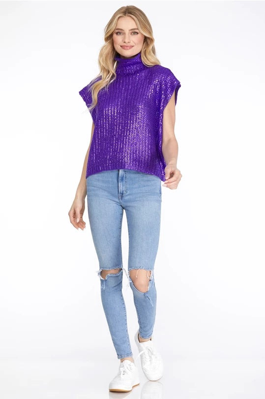 Purple Metallic Foil Sleeveless Sweater