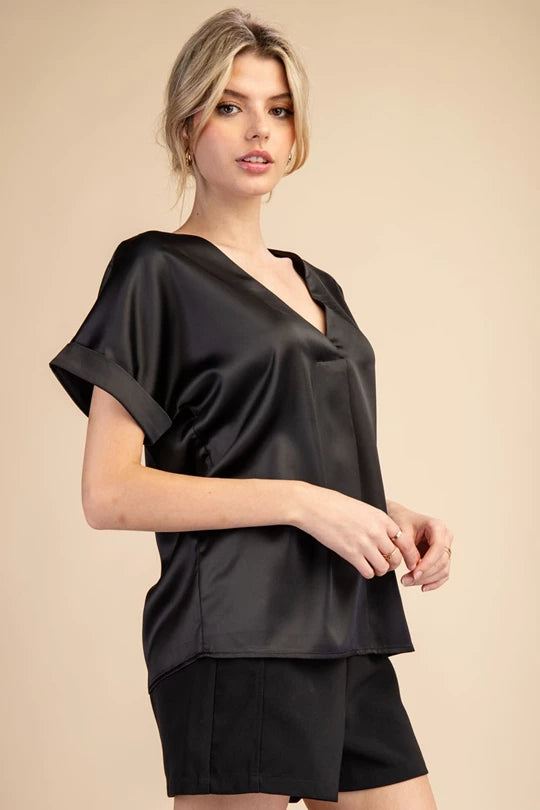 Short Sleeve Silk Blouse Black