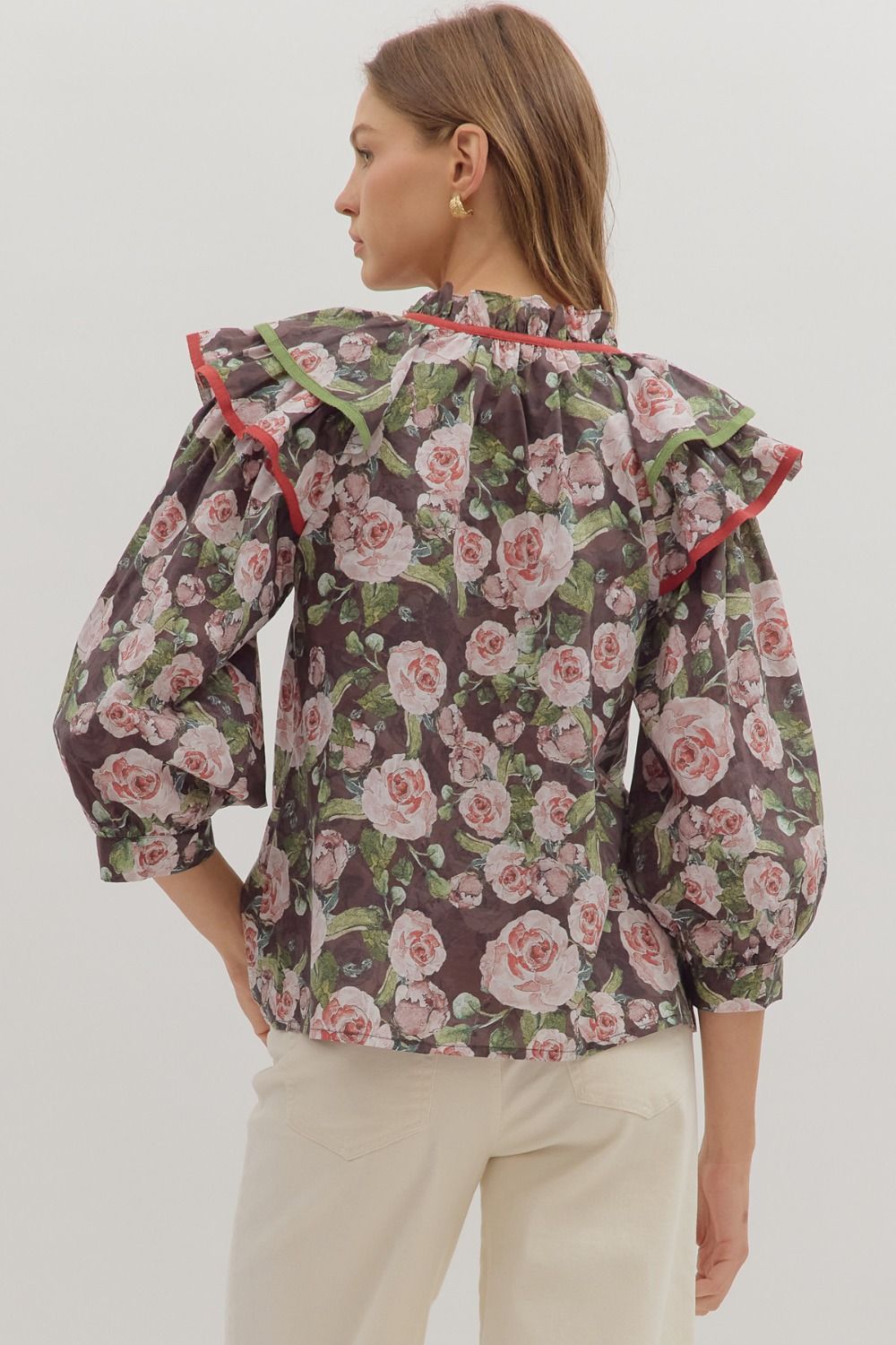 Brown Floral Ruffle Blouse
