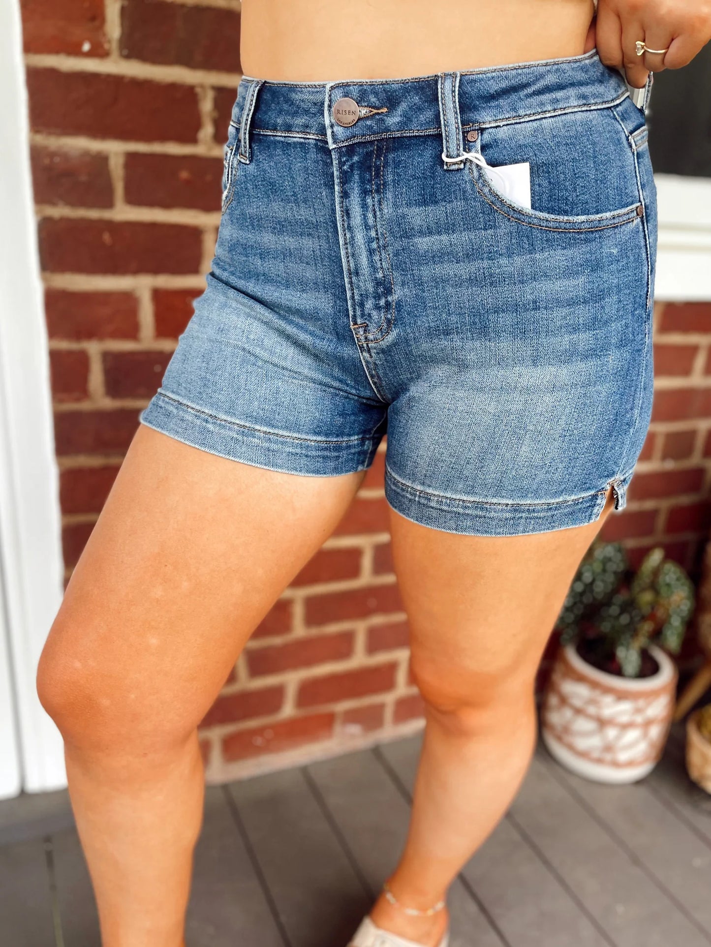 Medium Wash High Rise Slit Basic Shorts~ Risen
