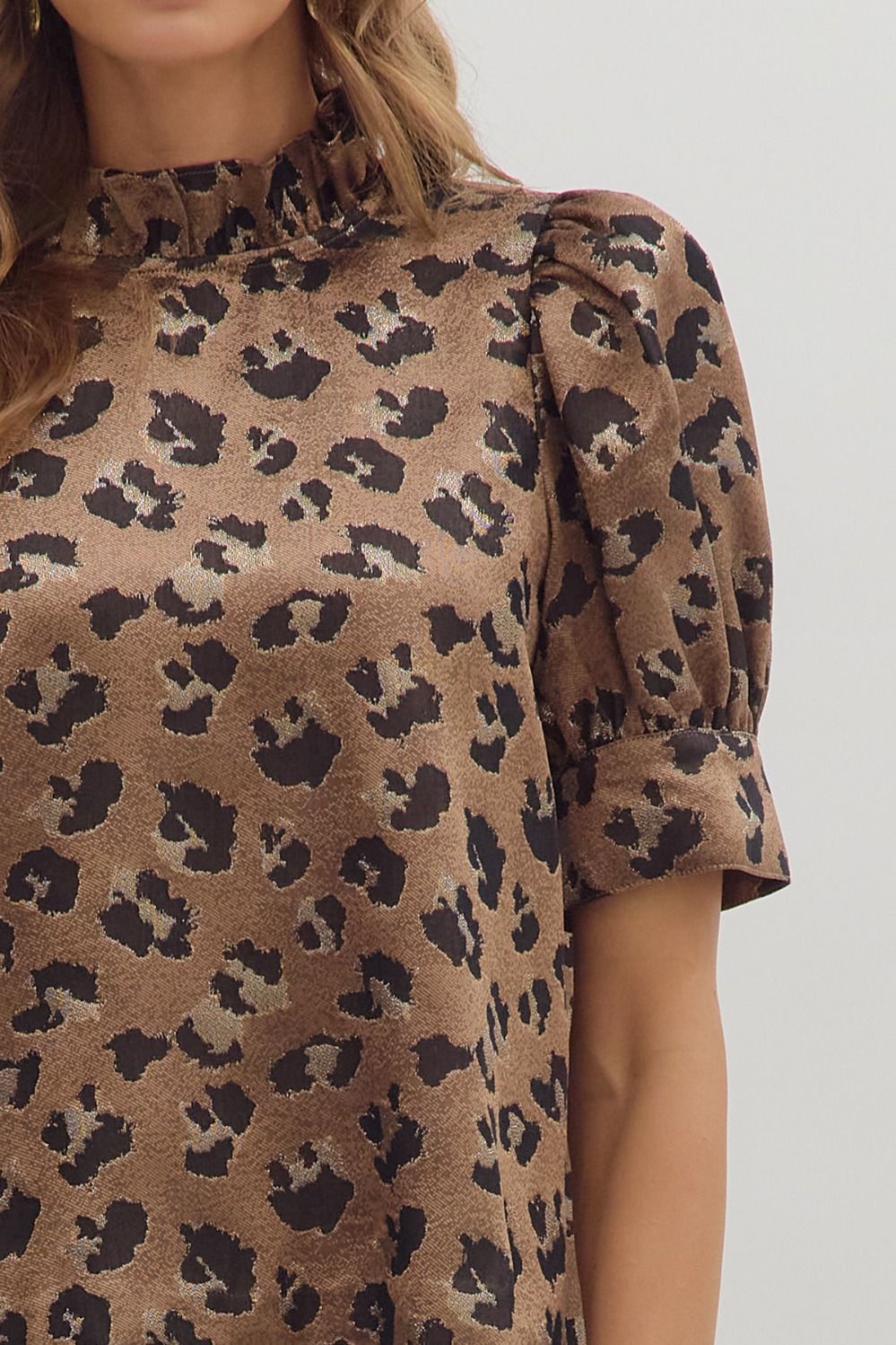 Leopard Metallic Puff Sleeve Blouse- Bronze