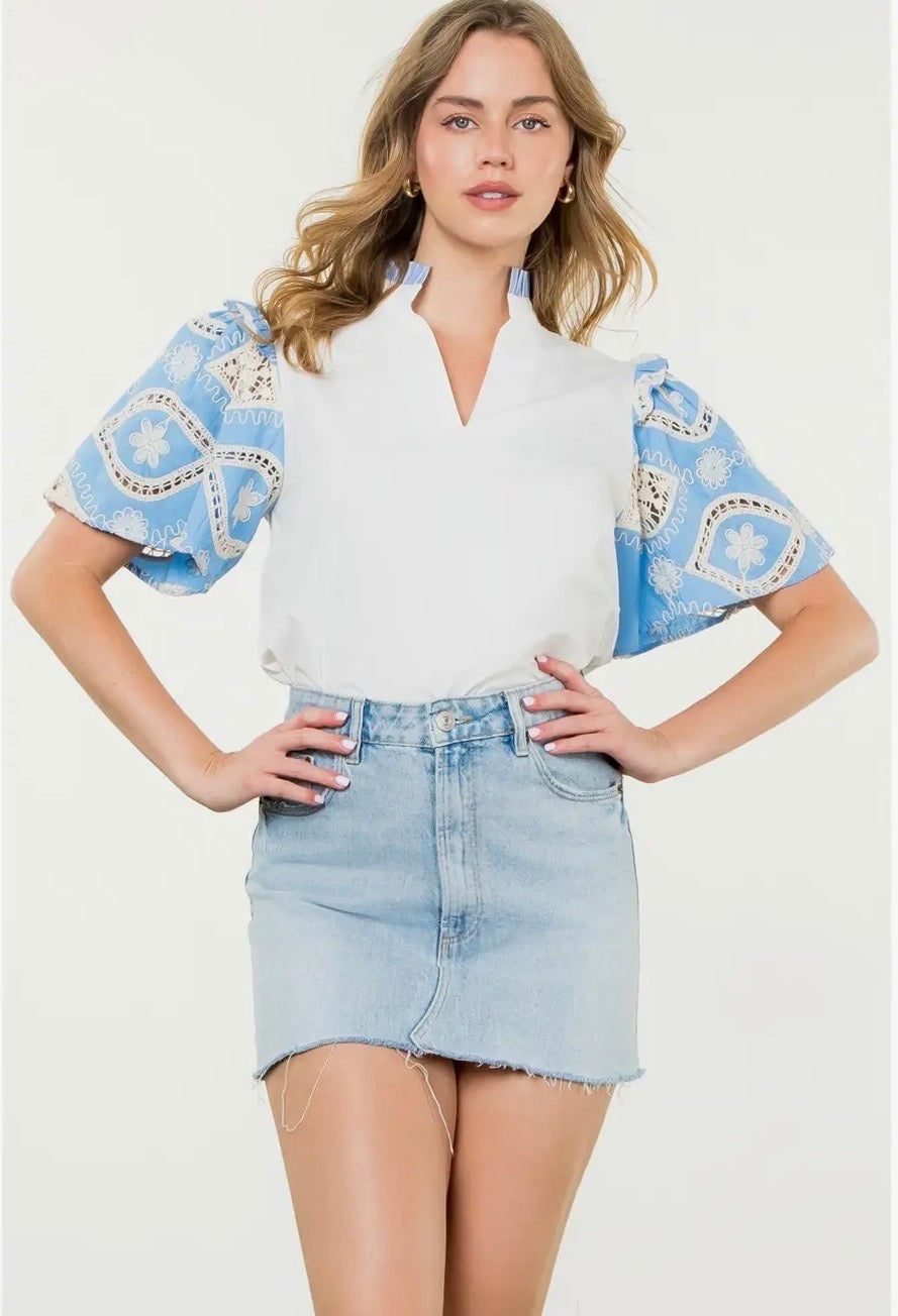 Blue Skies Embroidery Detail Poplin Sleeve Blouse~ THML