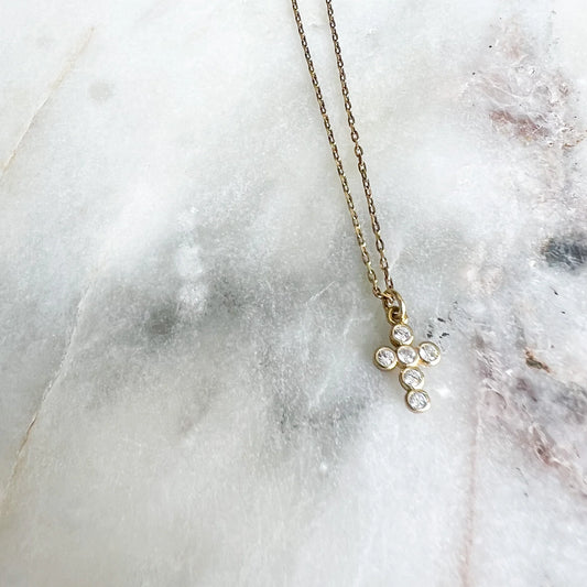 Small Cross Necklace 14k Gold Dipped with Rhinestone