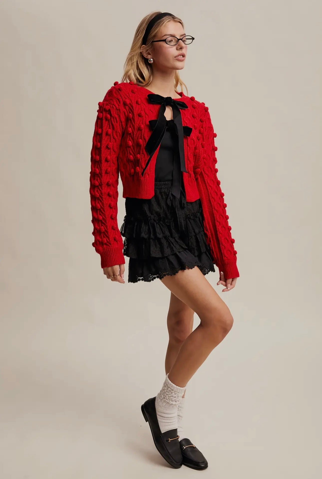Pom Cable Knit Tie Velvet Bow Cardigan Red/Black