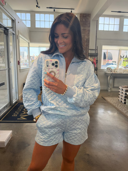 Cozy Sky Blue Quilted Bow Print Set