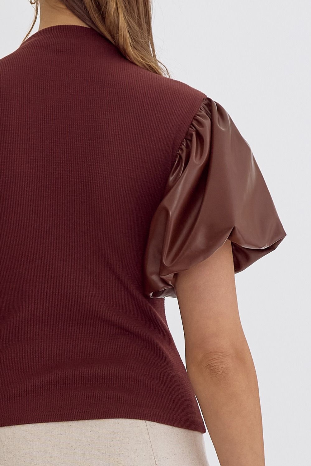 Uptown Charm~ Chocolate Waffle Knit Leather Puff Sleeve Blouse~Entro