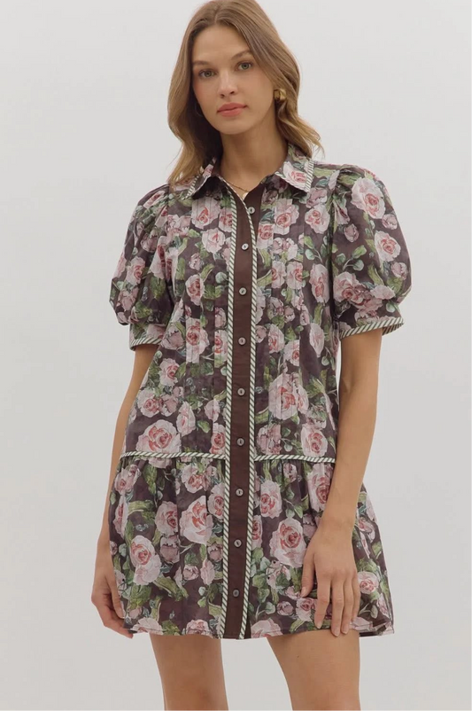 No Doubt About It Brown Floral Mini Dress-Entro