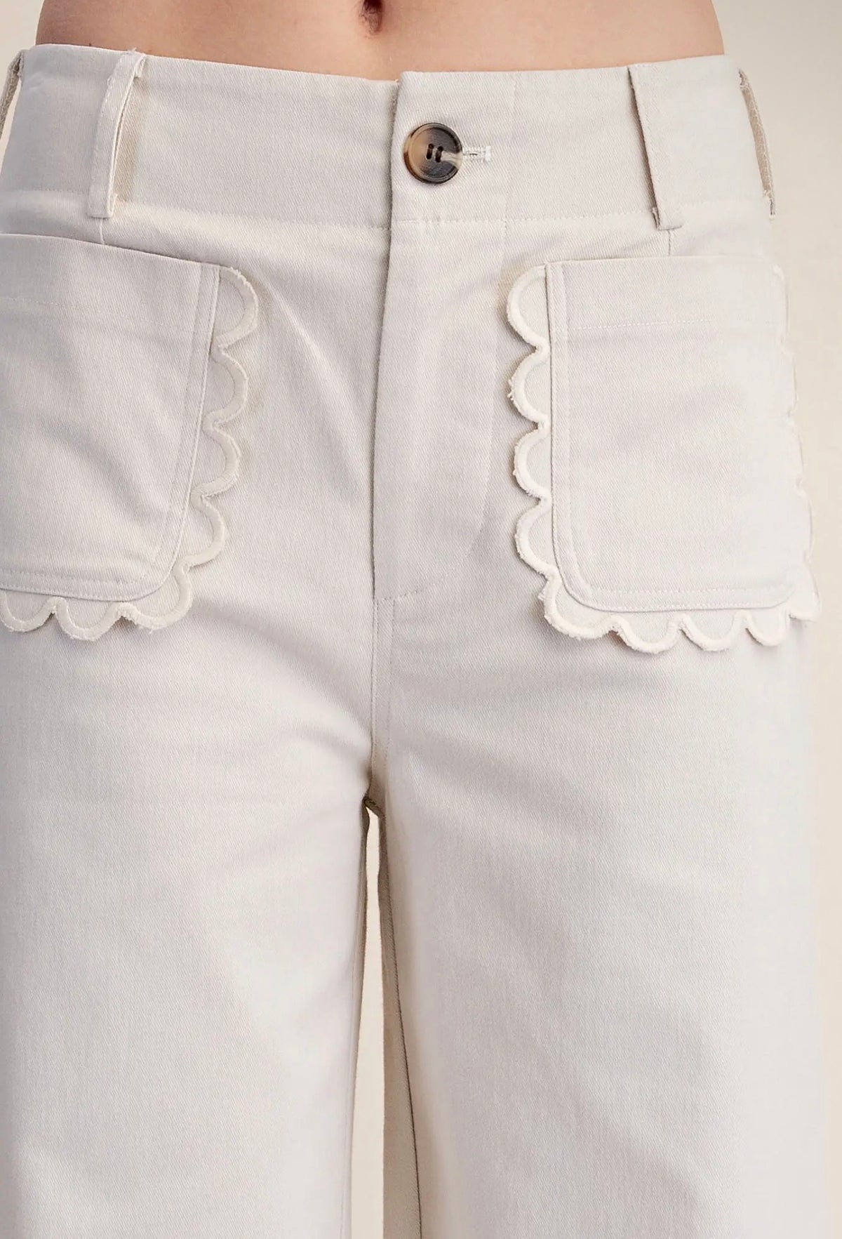 Wide~Leg Scalloped Pocket Detail Pants~ Cream