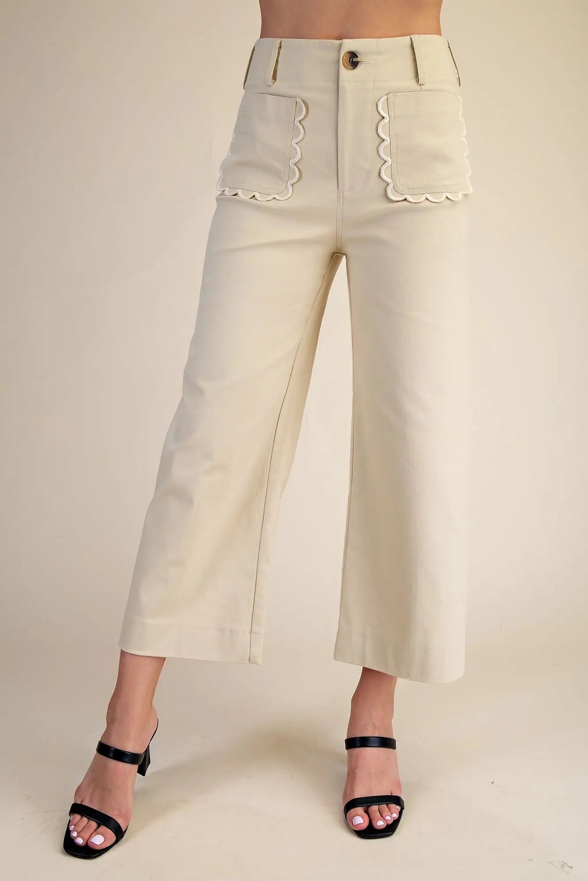 Wide~Leg Scalloped Pocket Detail Pants~Taupe