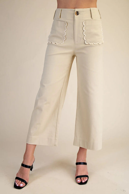 Wide~Leg Scalloped Pocket Detail Pants~Taupe