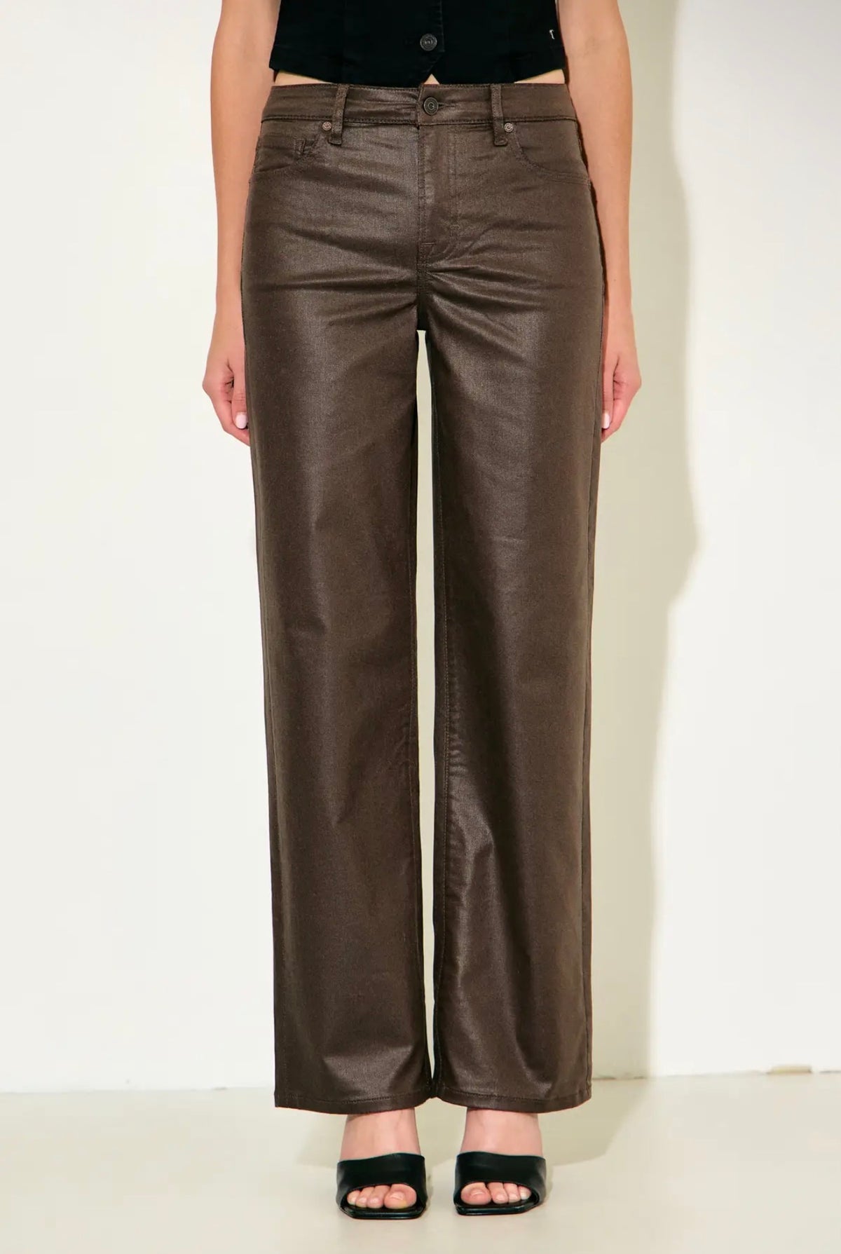 Ella High Rise Brown Coated Classic Straight Hidden Jeans ~inseam 31