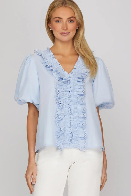 Smocked lace Ruffle Hem Blouse- Baby Blue