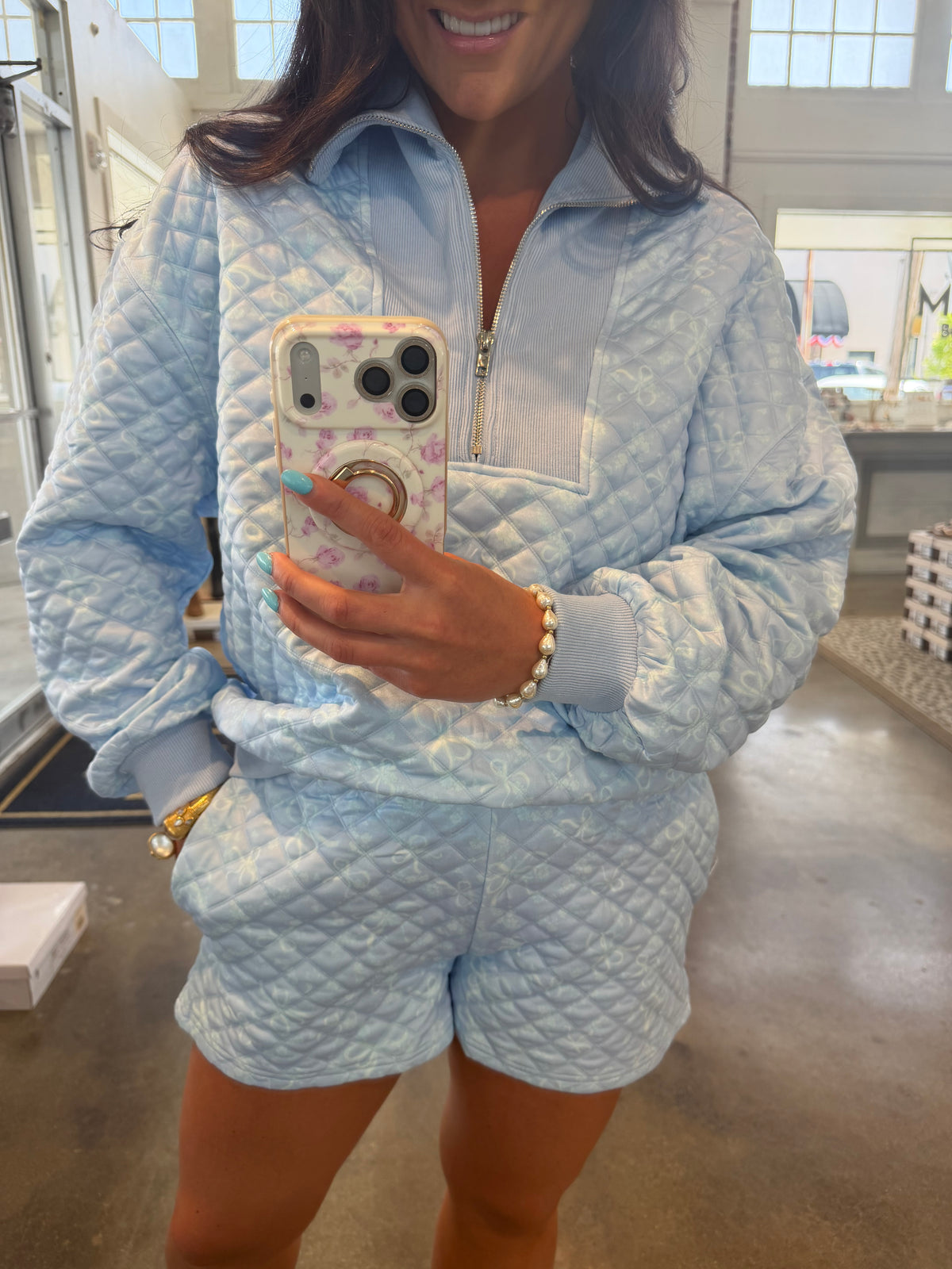 Cozy Sky Blue Quilted Bow Print Set