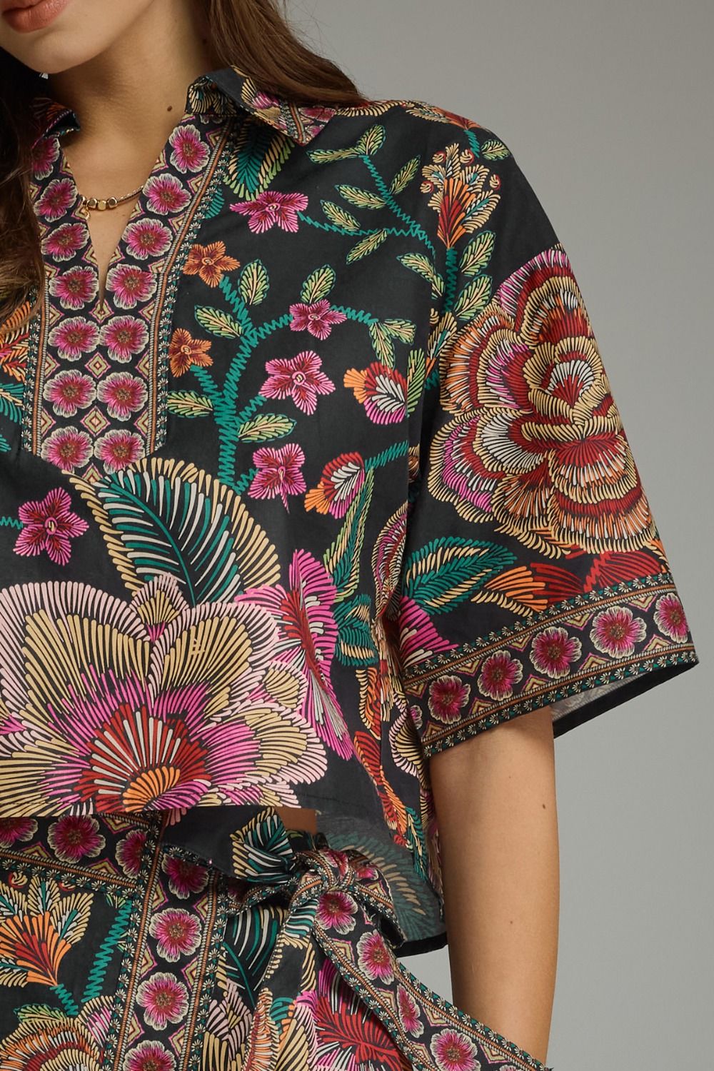 Midnight Bloom Collared Blouse & Wrap Skort Set