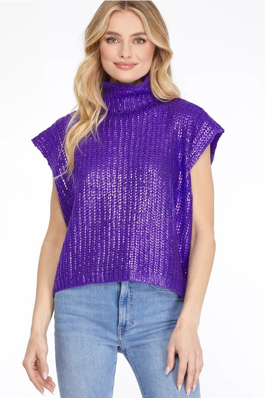 Purple Metallic Foil Sleeveless Sweater