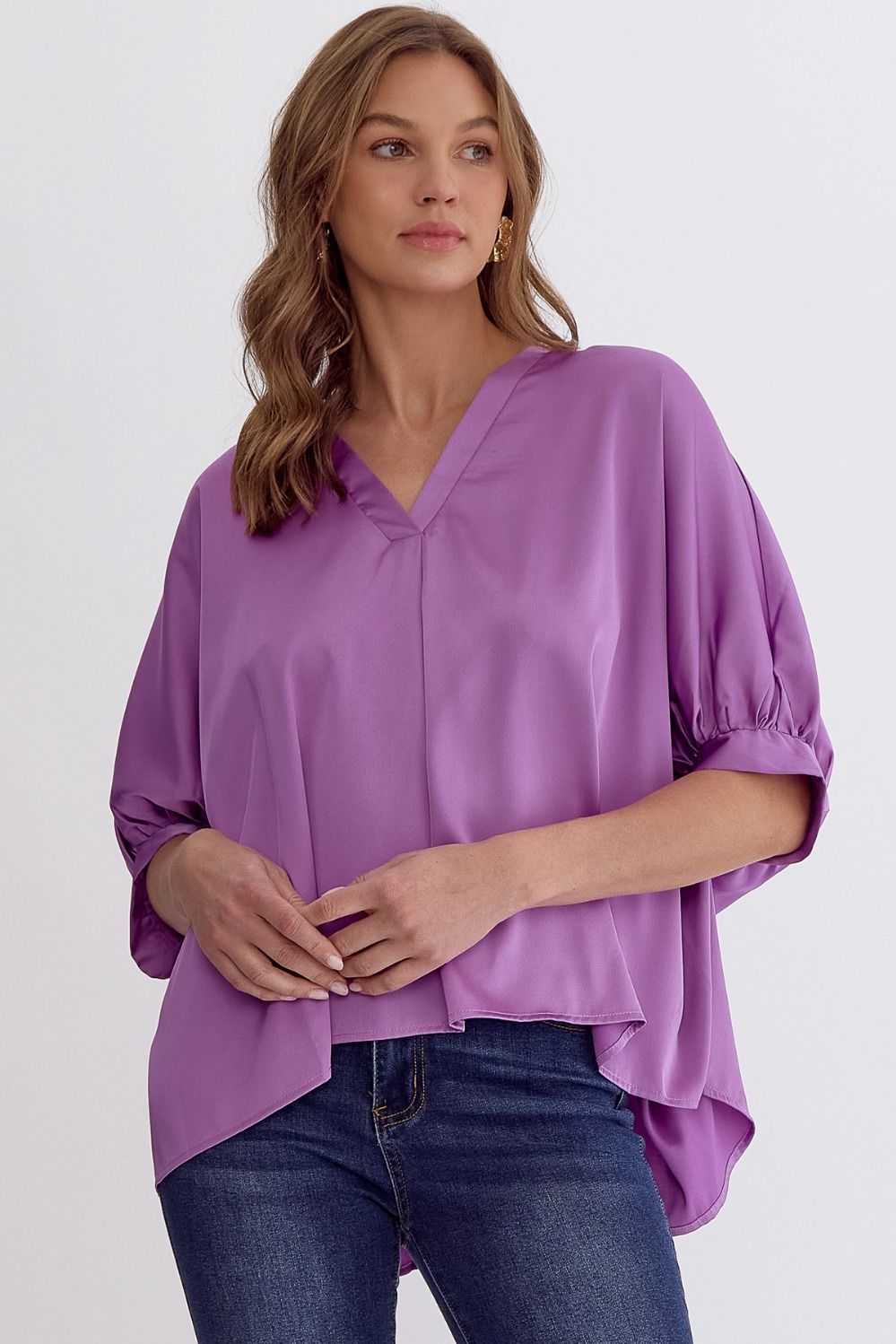 Satin V-Neck 1/2 Sleeve Top- Violet