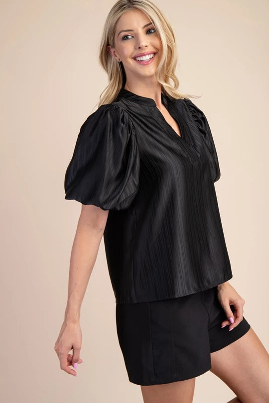 V-Neck Puff Sleeve Blouse-Black