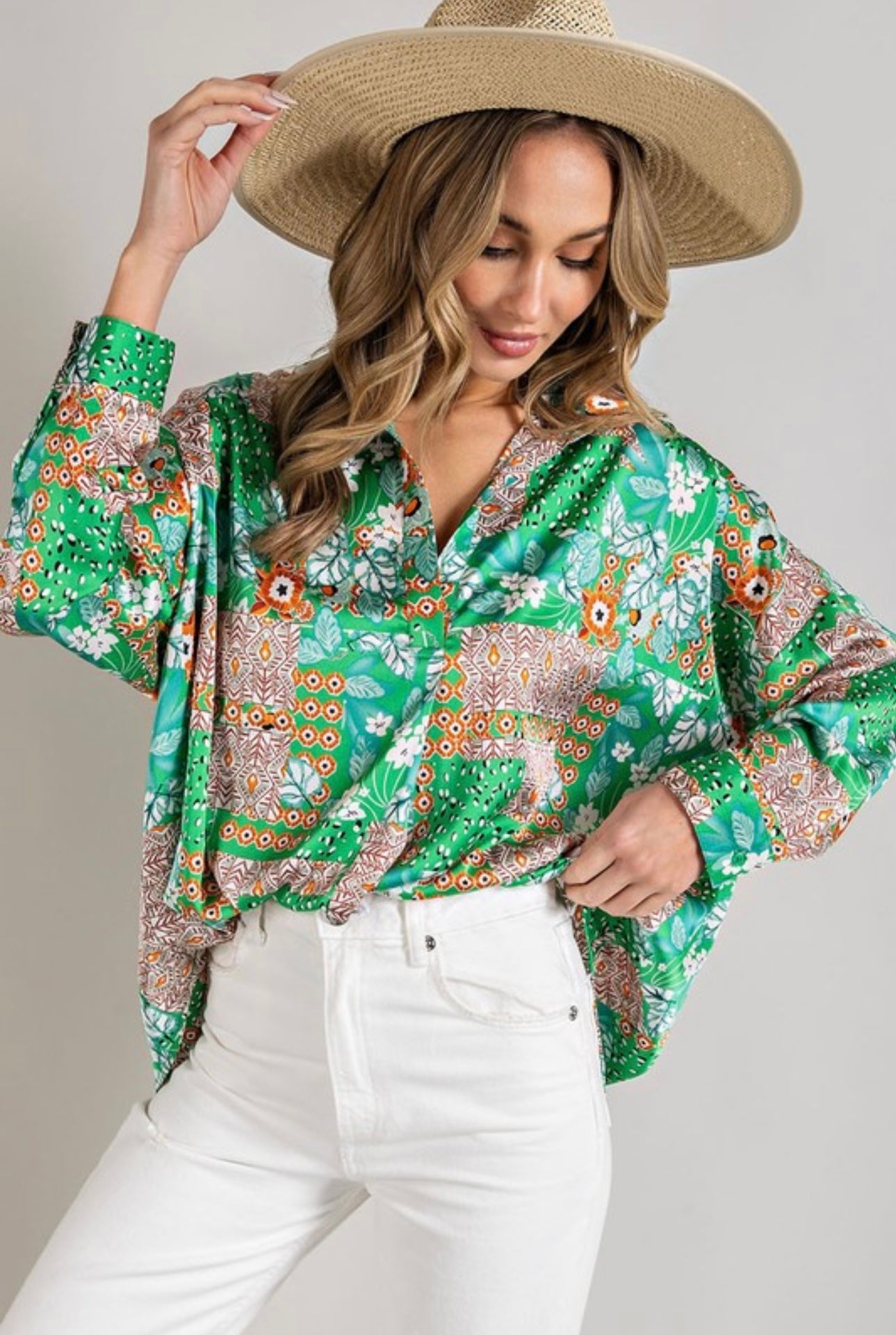 Kelly Green Mixed Print Silk Long Sleeve