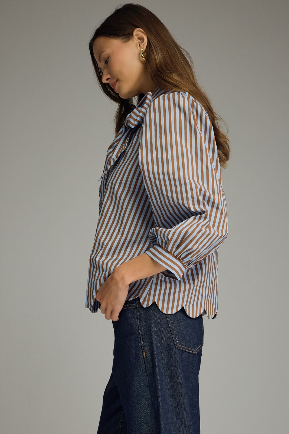 Uptown Allure Striped Blue & Brown Bow Blouse