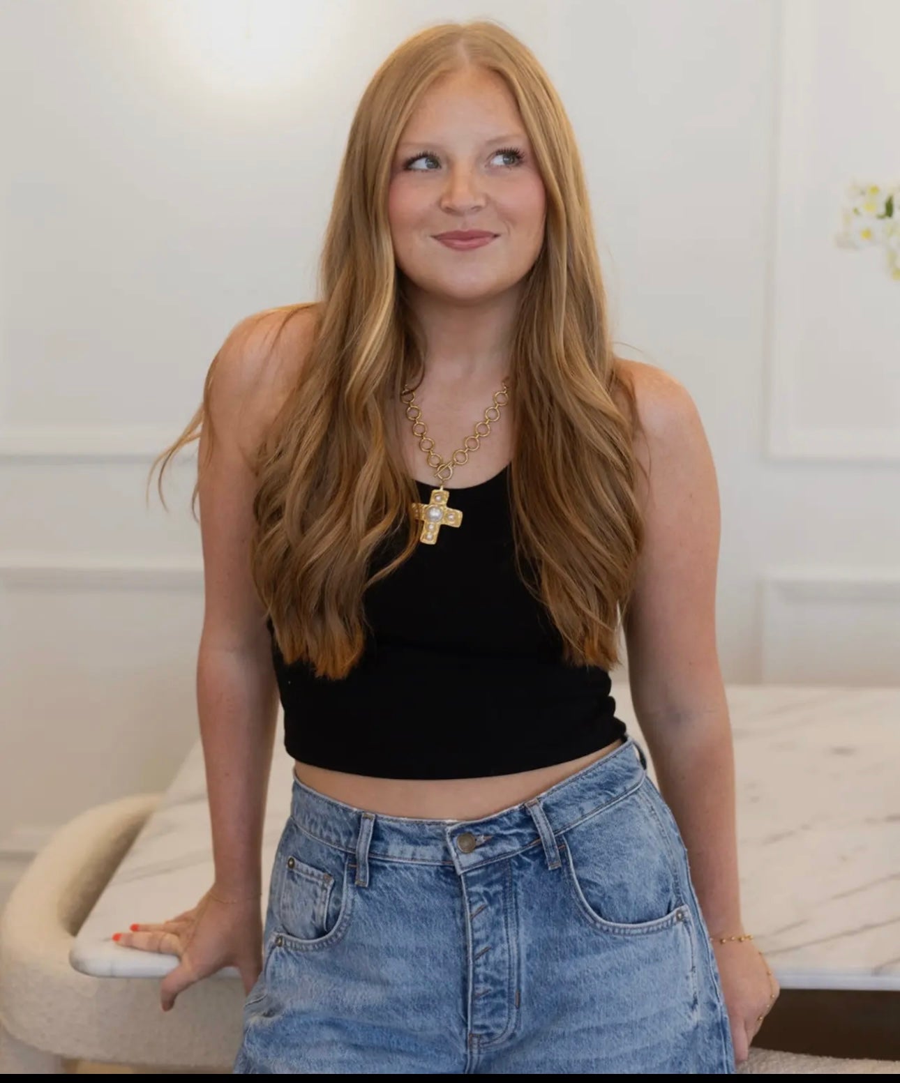 Harper Pearl Cross Necklace