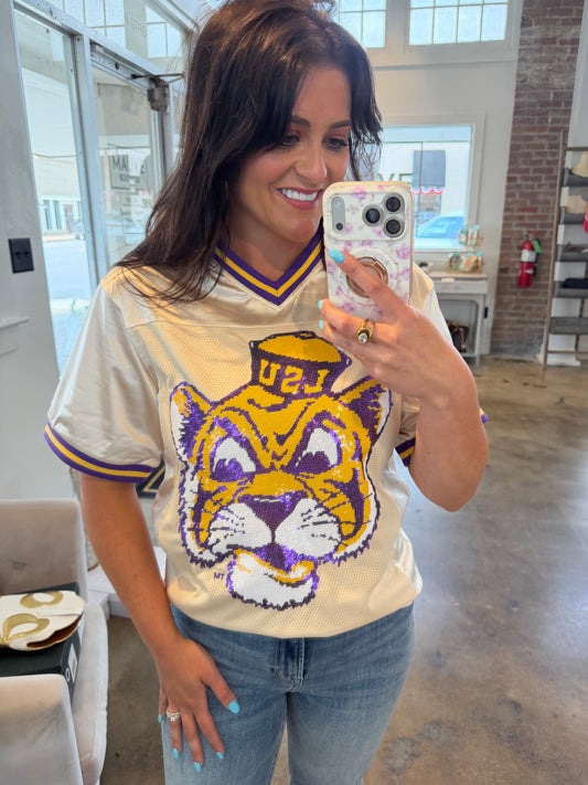 | Lsu Vintage Geaux Mike (Licensed) | Women's Sequin Design Jersey (Champagne)