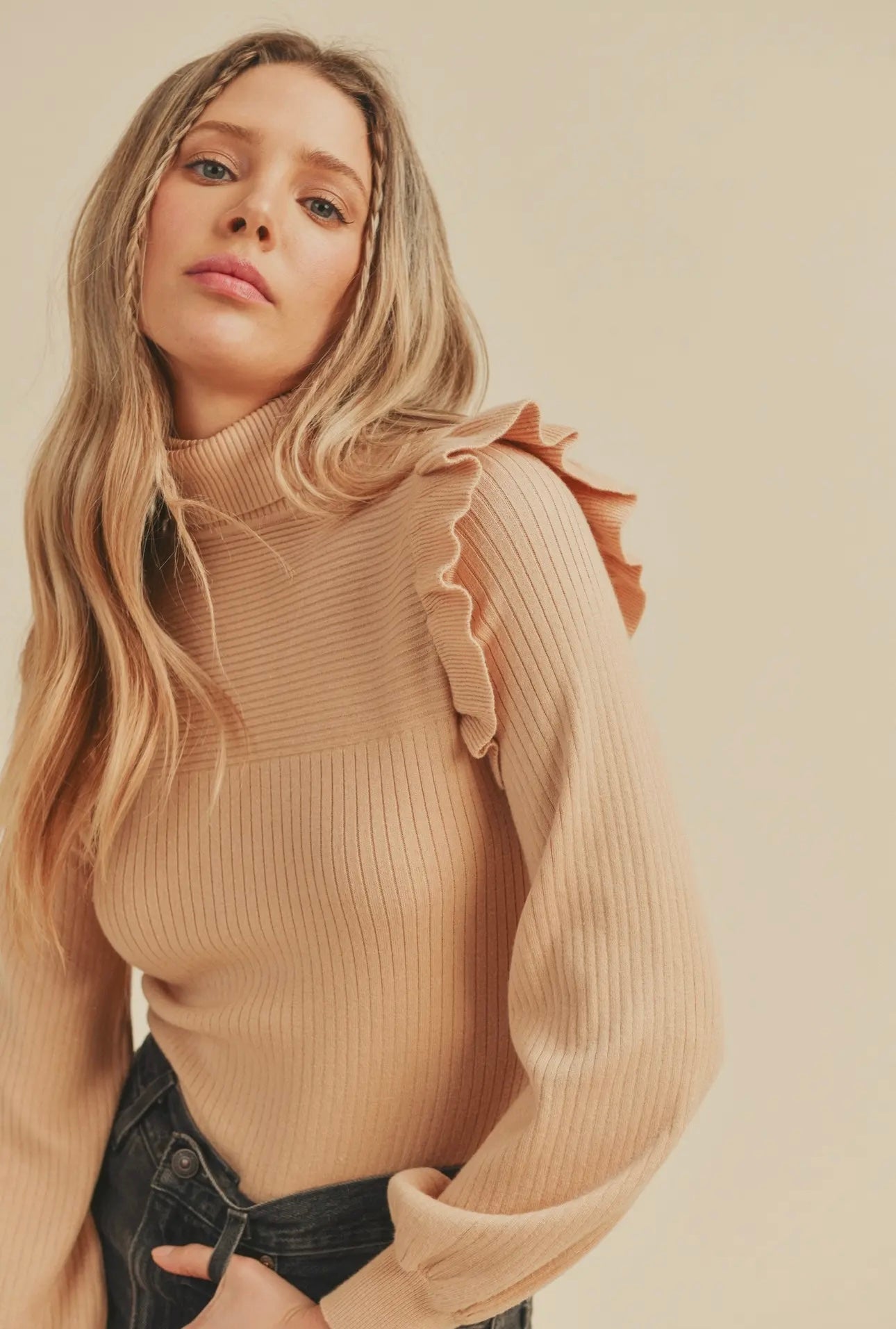 Shoulder Ruffle Turtleneck Sweater-Sand