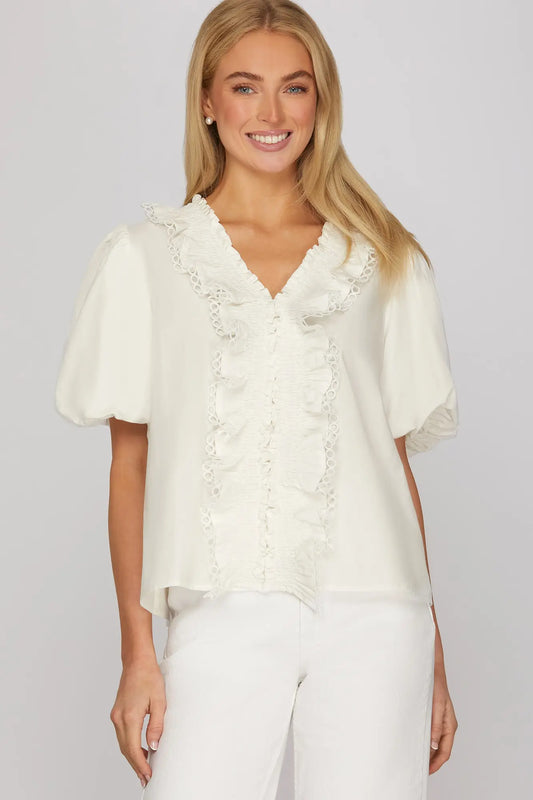 Smocked lace Ruffle Hem Blouse- Ivory