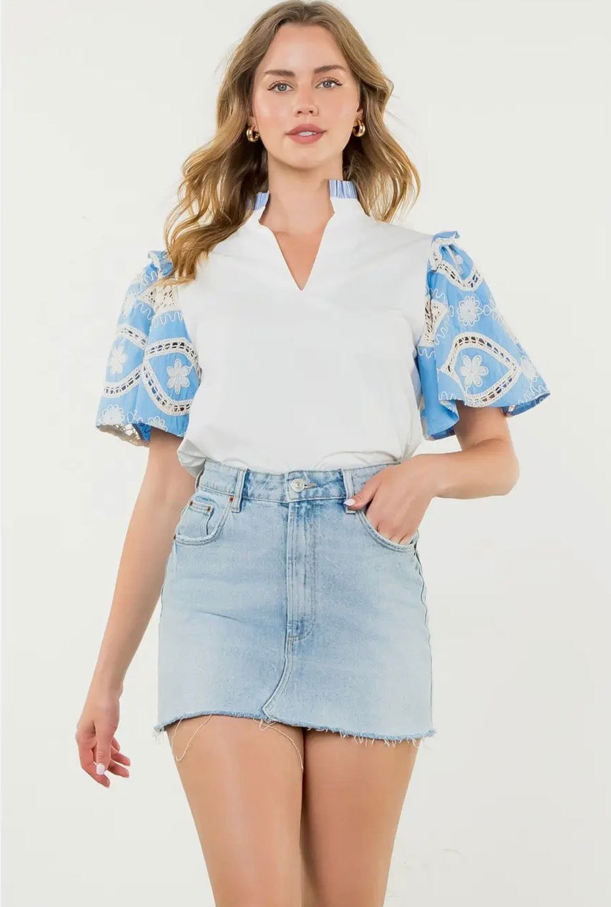 Blue Skies Embroidery Detail Poplin Sleeve Blouse~ THML