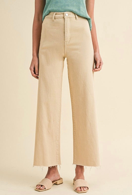 Anniewear~Stretch High Rise Wide Leg Cropped Denim Jeans~ Almond