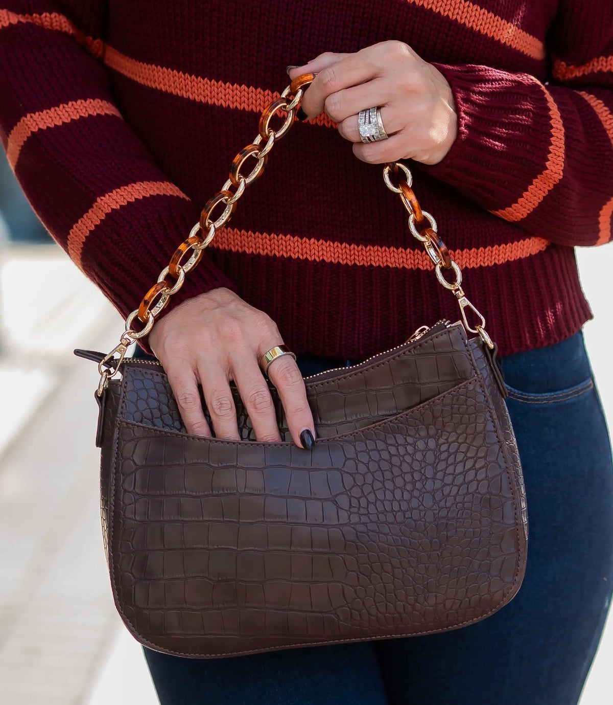 Charlee Chocolate Croc-Embossed Vegan Leather Crossbody~Caroline Hill