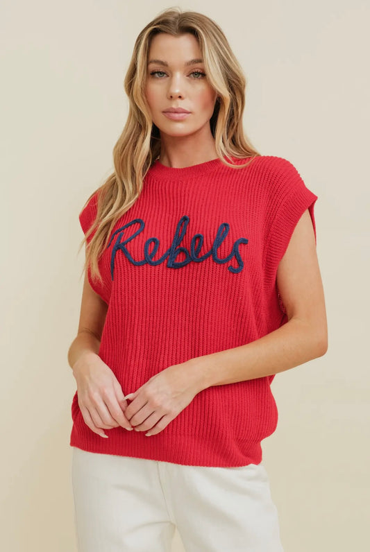 Rebels Embroidered Sleeveless Sweater Top