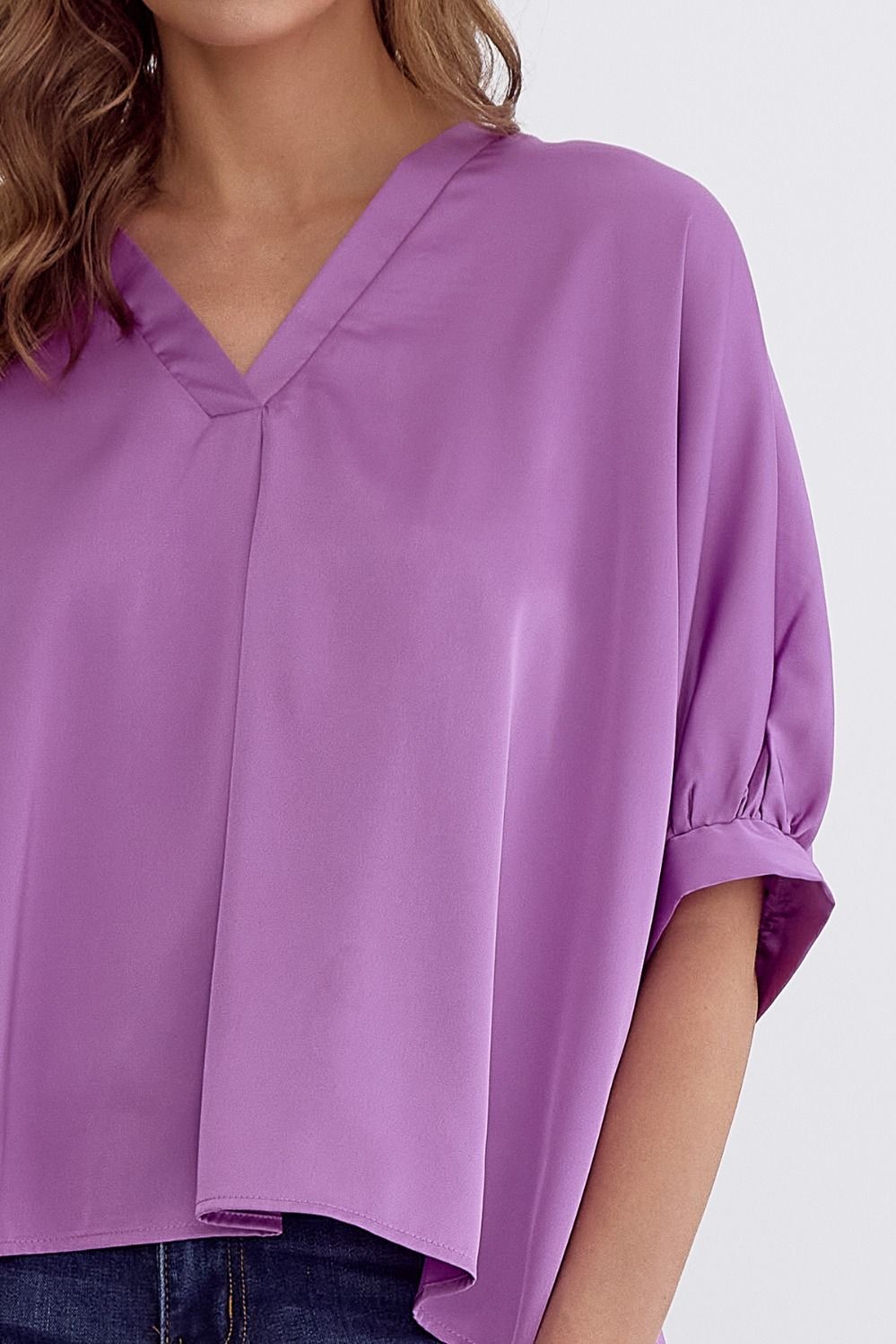 Satin V-Neck 1/2 Sleeve Top- Violet