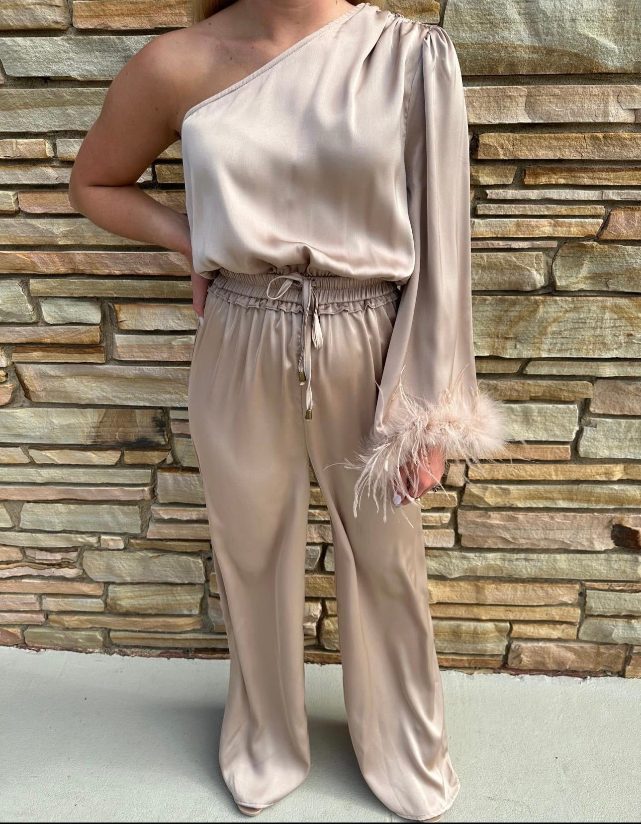 Champagne Feathered Jumpsuit