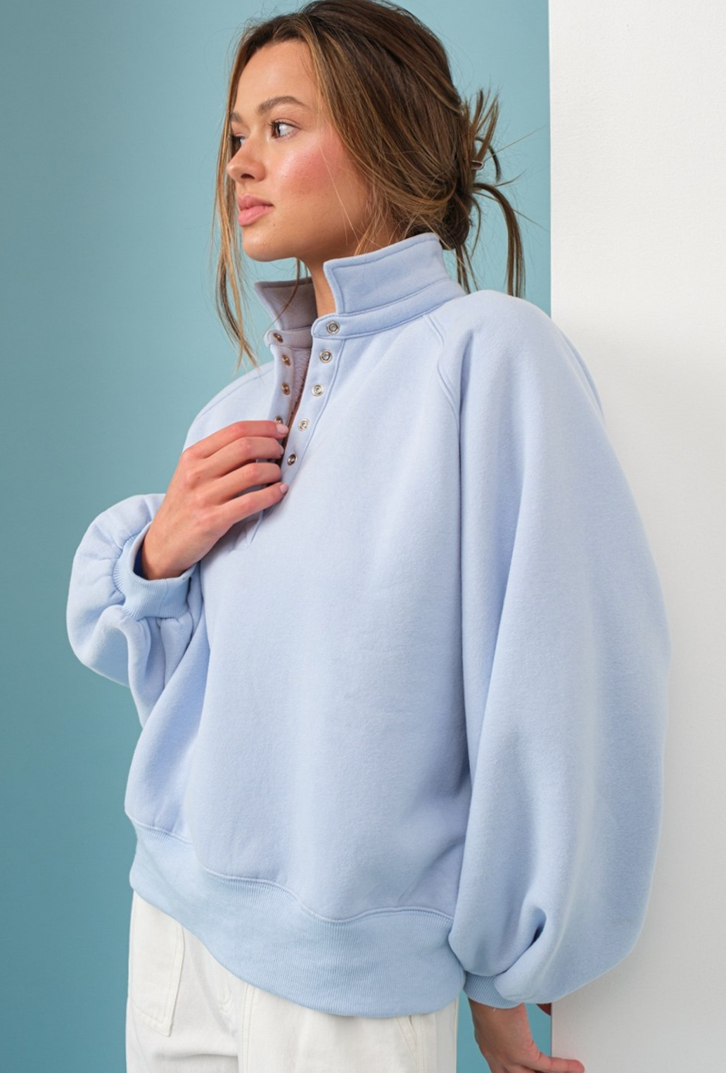 PaperMoon Sky Blue Piper Snap Collard Sweatshirt