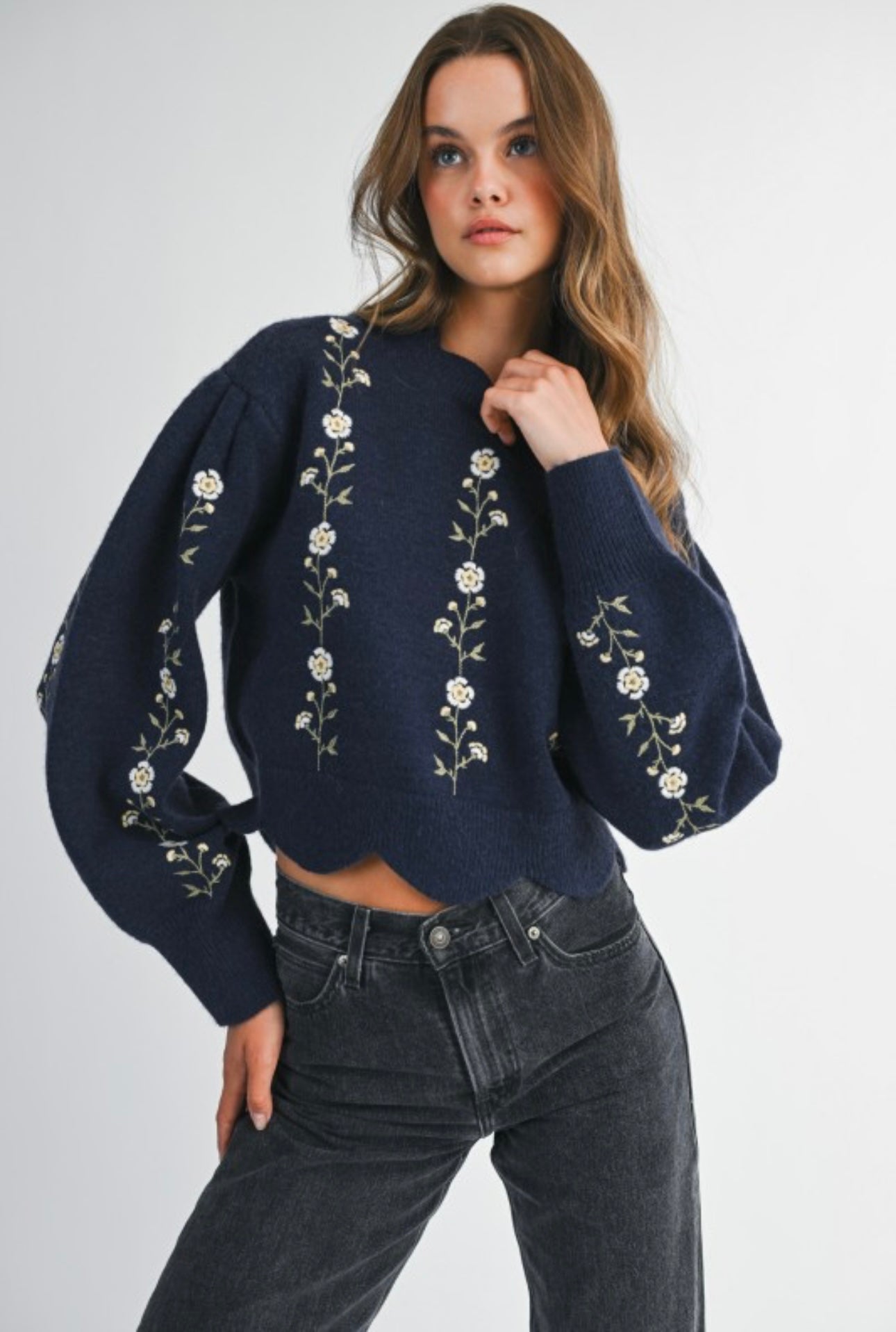 Southern Charm Embroidered Knit Sweater Navy